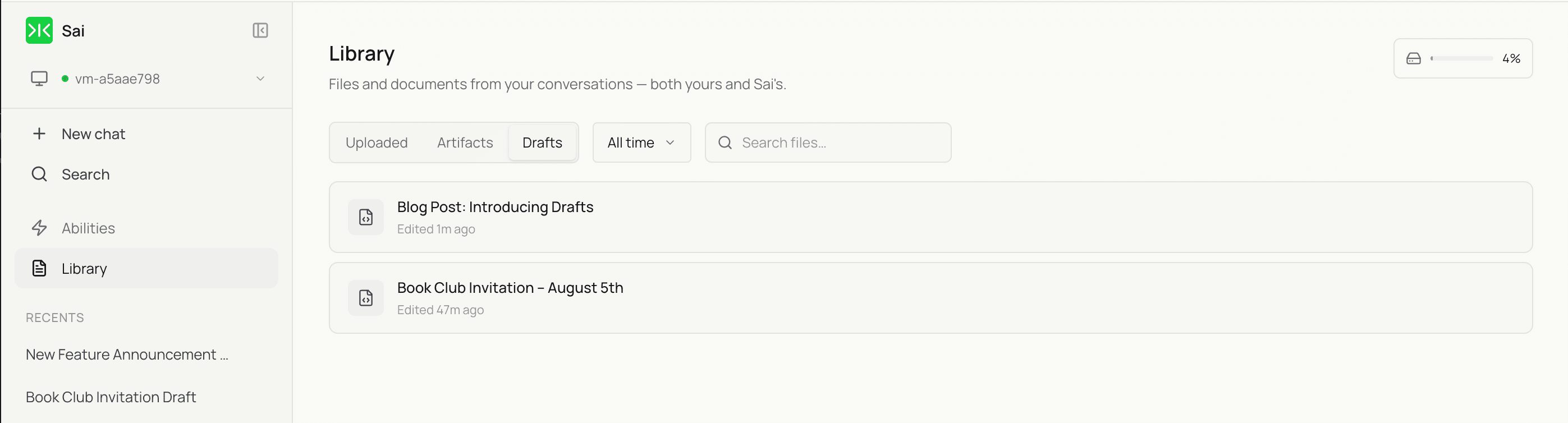 The Library in Sai with the Drafts tab selected, listing saved drafts including a blog post and a book club invitation.