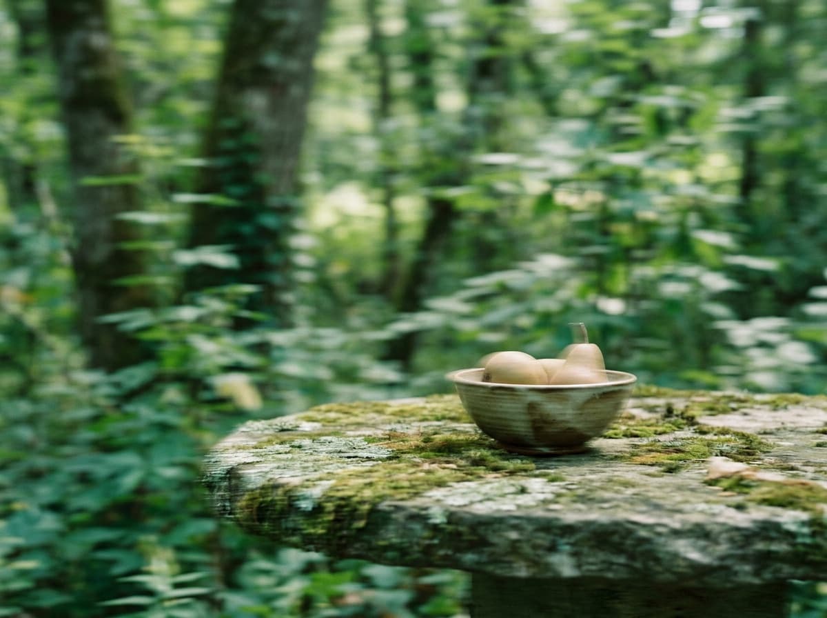 A ceramic bowl and pears on a mossy stone in the forest