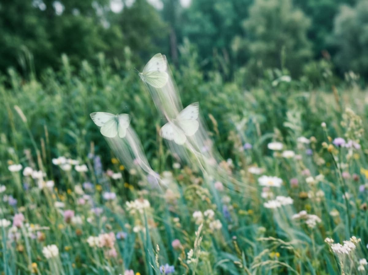 Two butterflies drifting over a meadow of white wildflowers